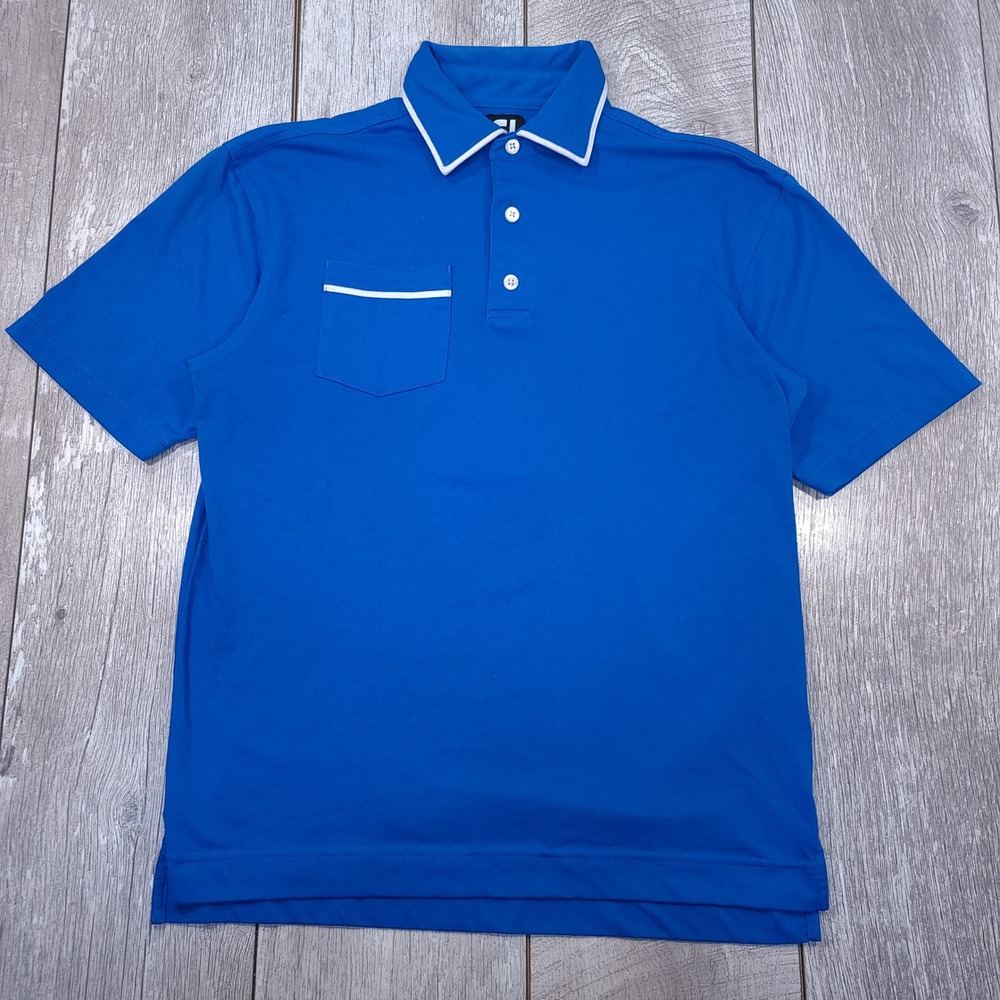 FootJoy Polo Shirt Mens Medium Blue Short Sleeve Pocket Contrast Trim Golf Top